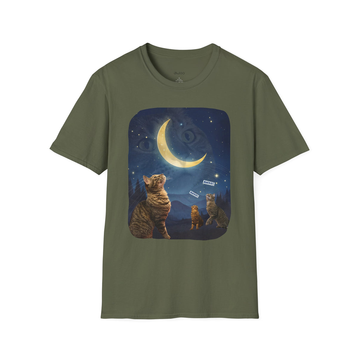 Cat Moon T-Shirt — Burd Burd the Cat does an aWoo at the Night Sky