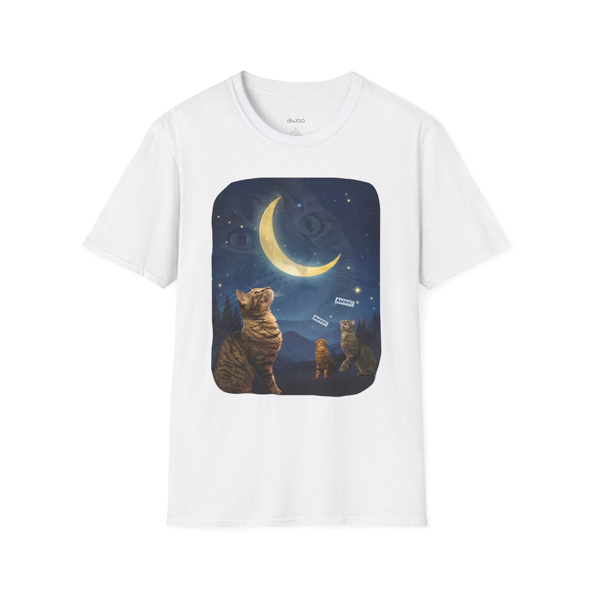 Cat Moon T-Shirt — Burd Burd the Cat does an aWoo at the Night Sky