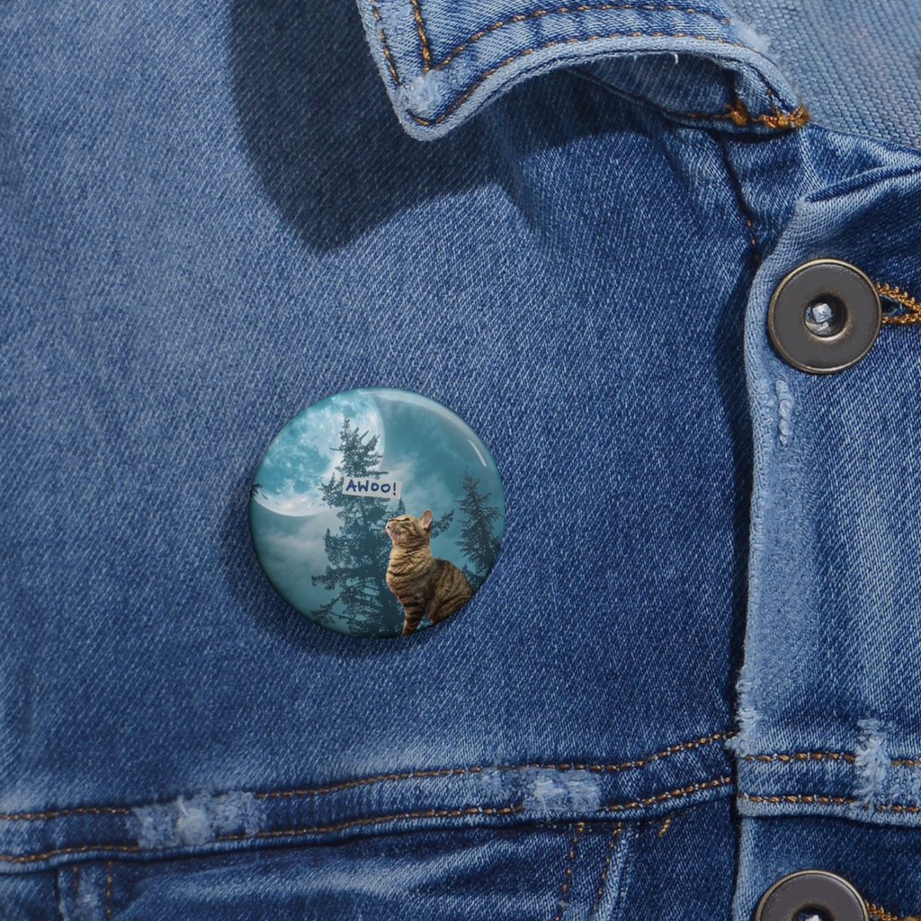 Burd Burd aWoos at the Moon - Small Blue Cat Button - Cat howling at the Moon