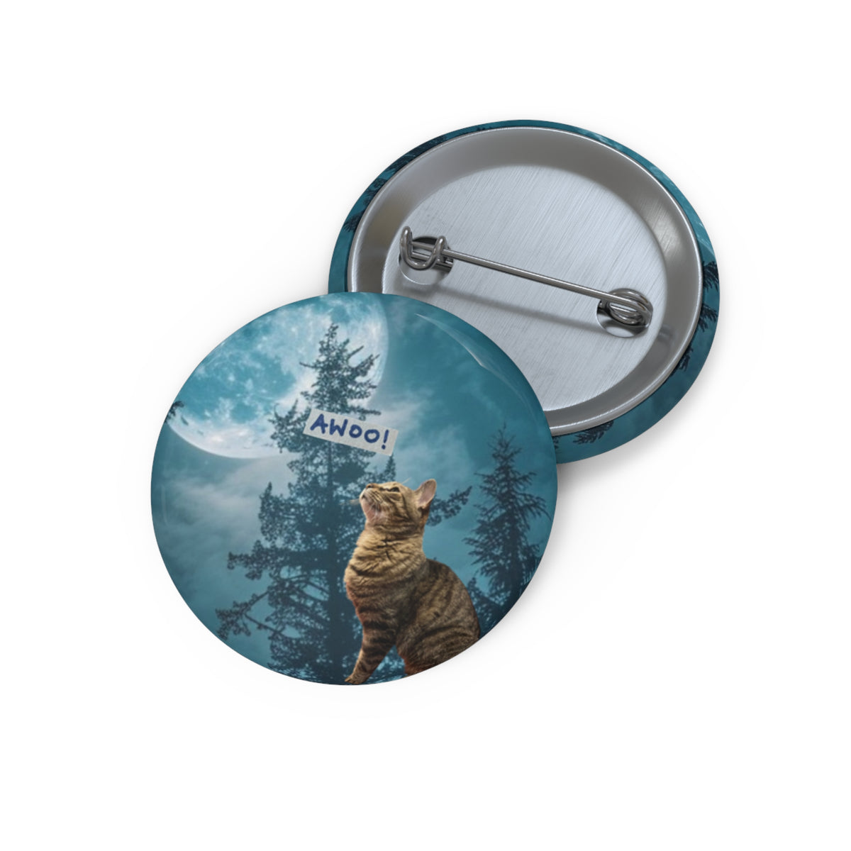 Burd Burd aWoos at the Moon - Small Blue Cat Button - Cat howling at the Moon
