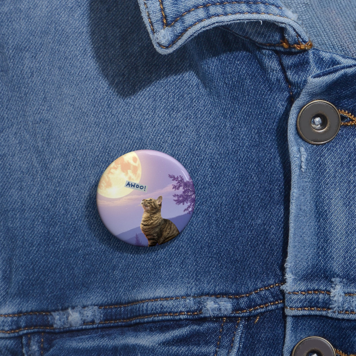 Burd Burd aWoo - Small Purple Button - Cat Howling at the Moon