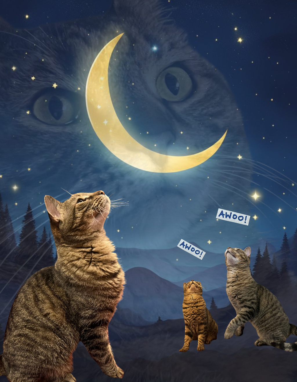 Cat Moon T-Shirt — Burd Burd the Cat does an aWoo at the Night Sky