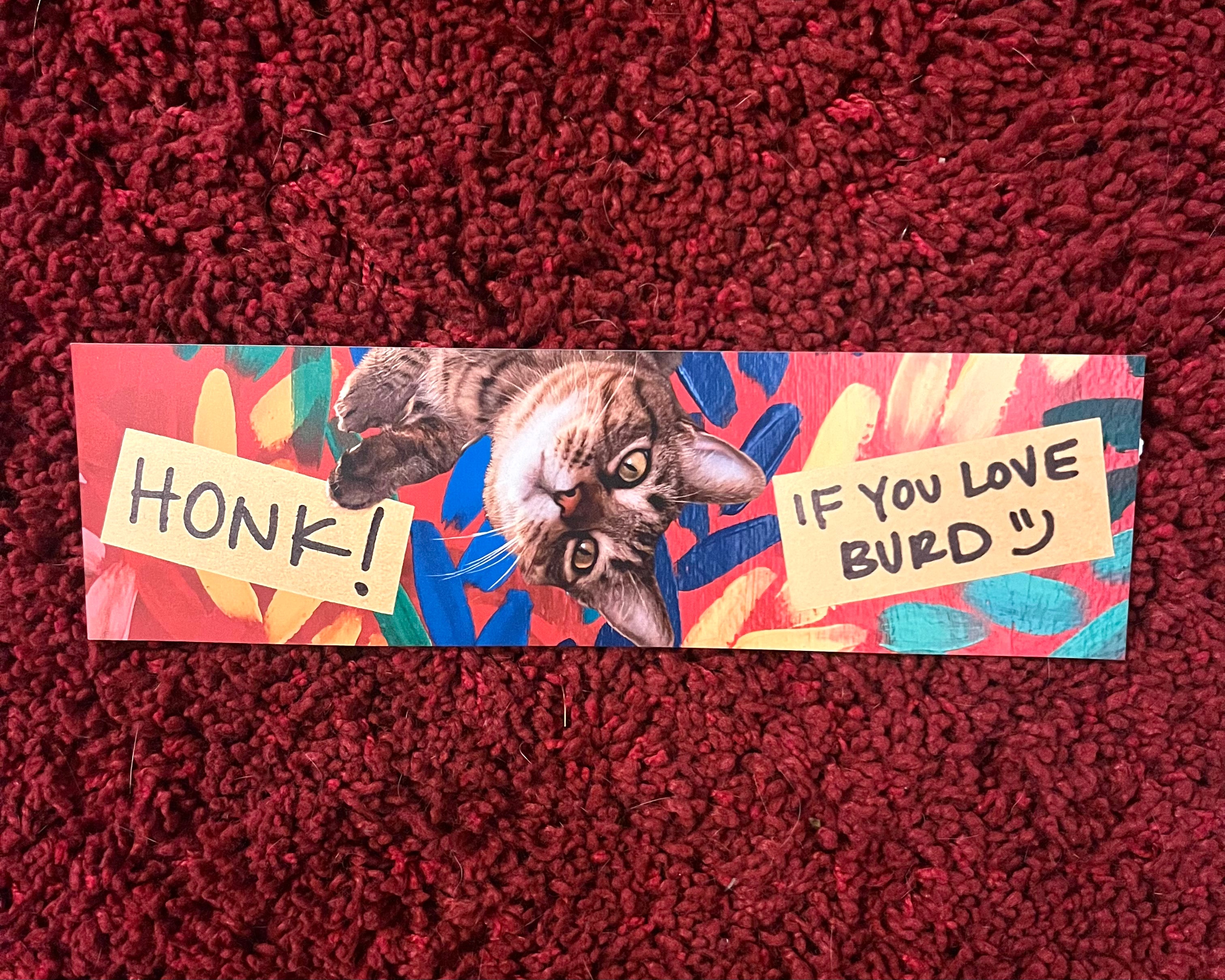 Cat Bumper Sticker — “Honk! If You Love Burd” Colorful Funny Car Decal
