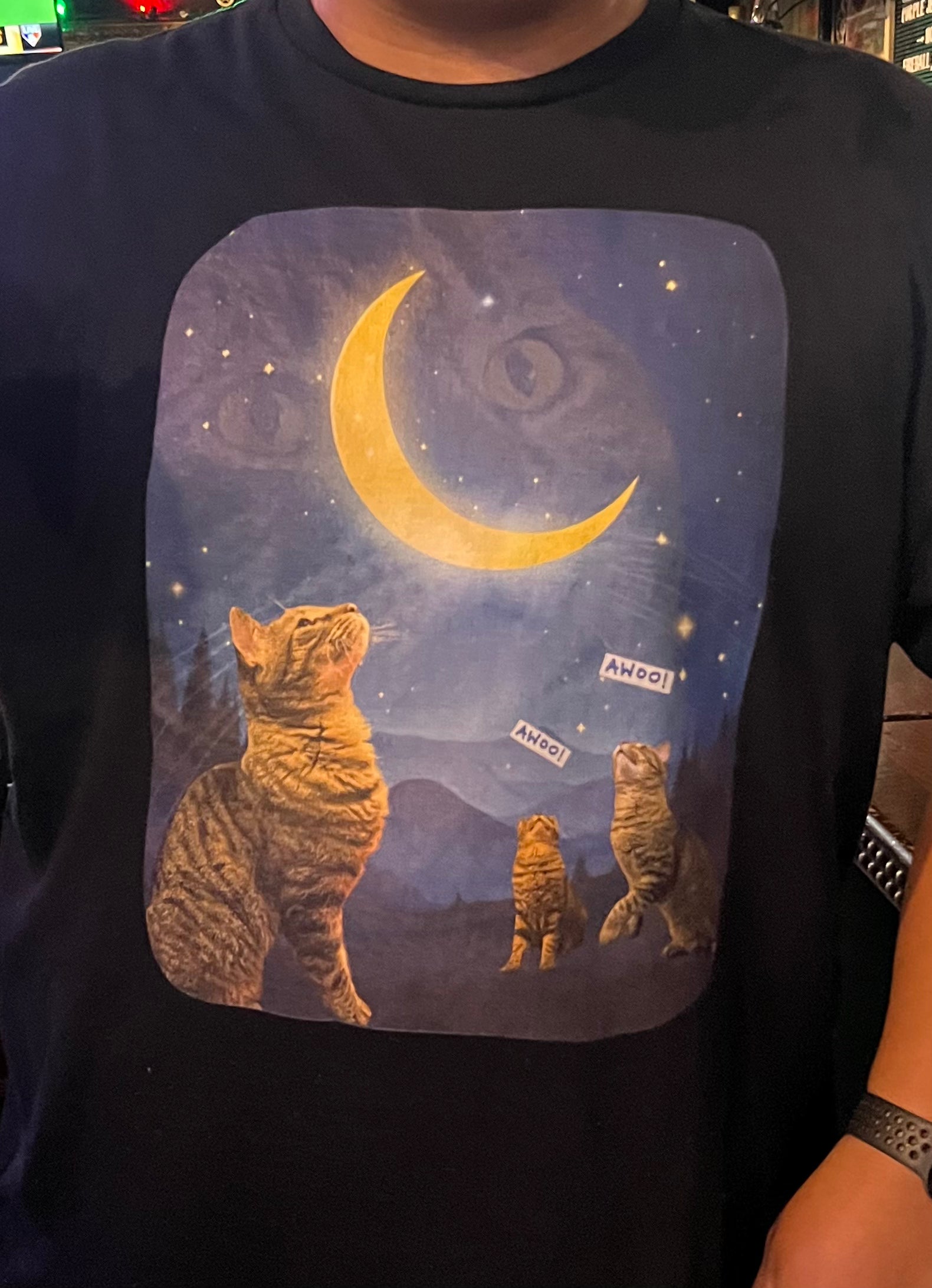 Cat Moon T-Shirt — Burd Burd the Cat does an aWoo at the Night Sky